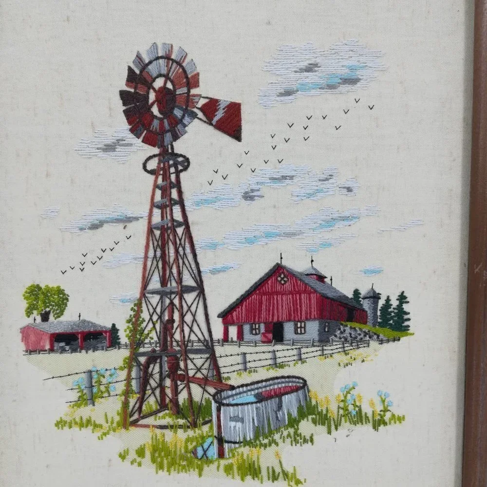 Vintage Completed Crewel Embroidery Picture Windmill Barn National Paragon 1980
